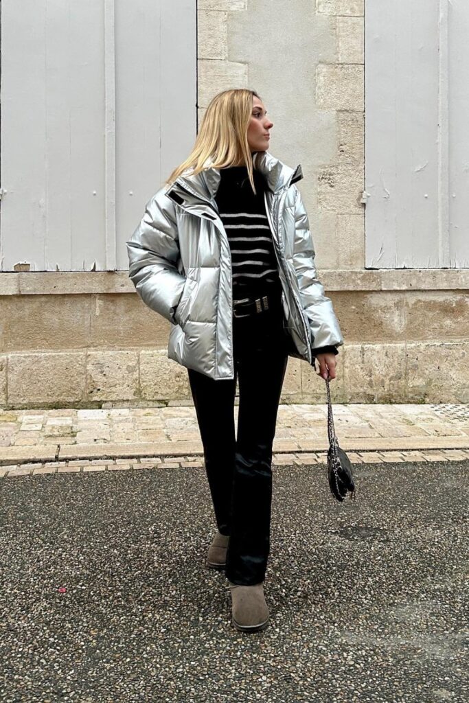 Silver Puffer and Black Outfit
