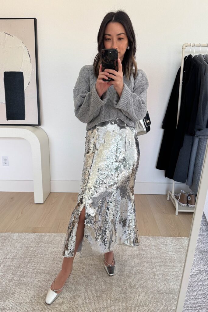 Cable-Knit Sweater and Sequin Skirt