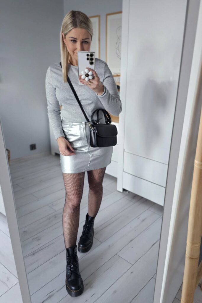 Gray Long-Sleeve Top and Silver Mini Skirt