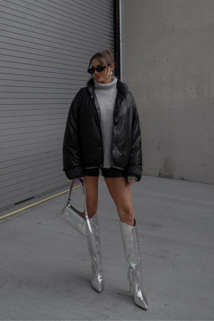 Puffer Jacket and Metallic Boots