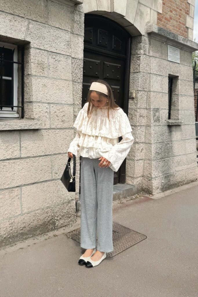Long-Sleeve Blouse and Two-Tone Flats
