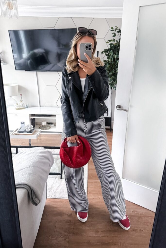 Leather Moto Jacket and Sneakers