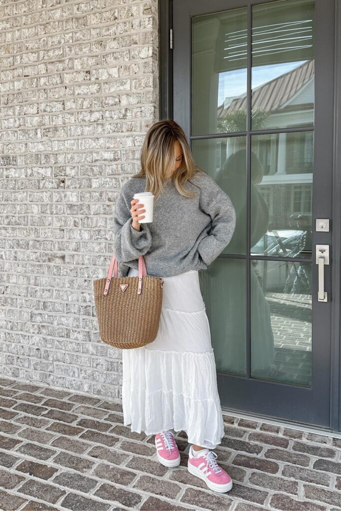 Gray Knit Sweater and White Skirt