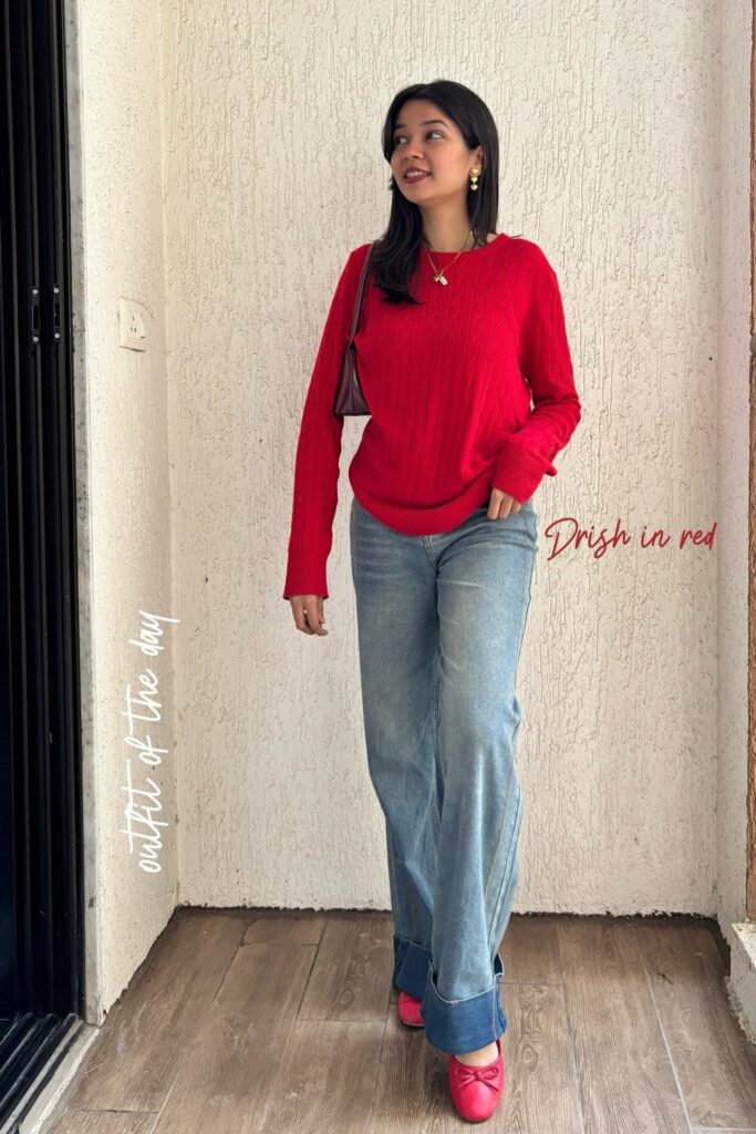 Red Sweater and Wide-Leg Jeans