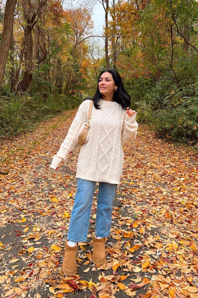 Cream Cable Knit and Jeans