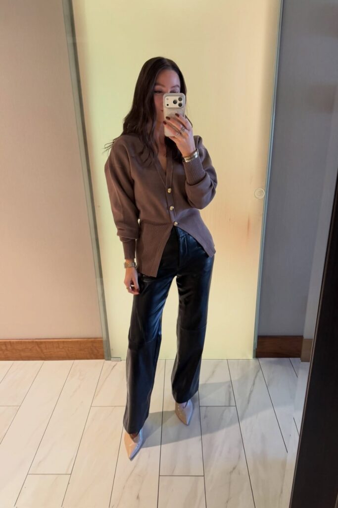 Brown Cardigan and Leather Pants