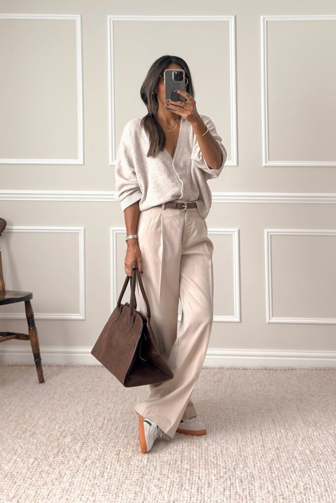 Beige Cardigan and Wide-Leg Trousers