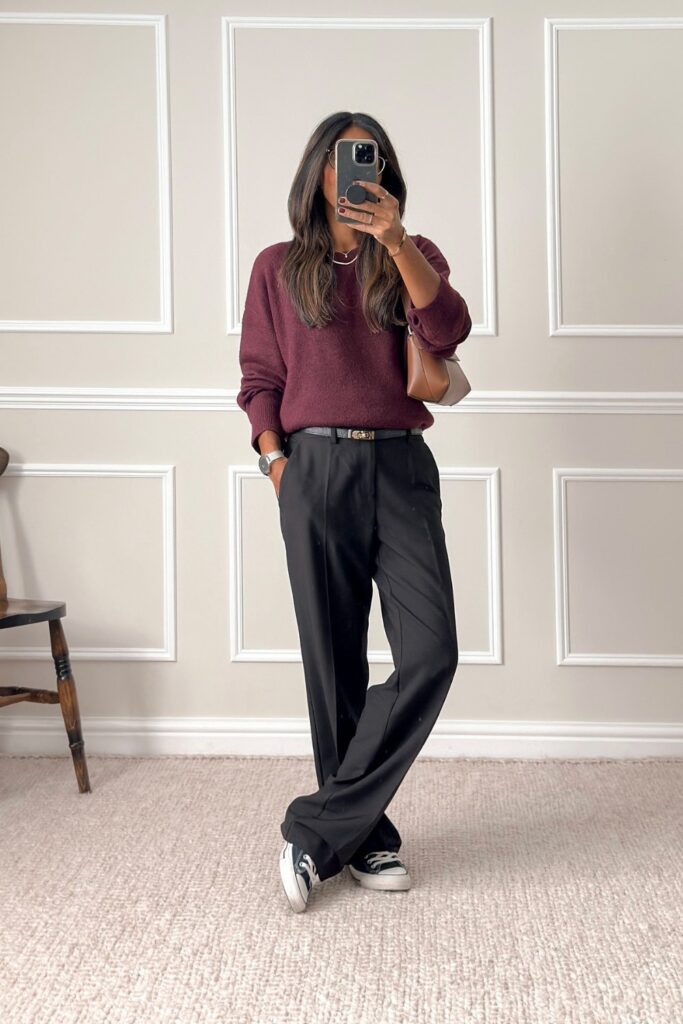Burgundy Sweater and Wide-Leg Pants