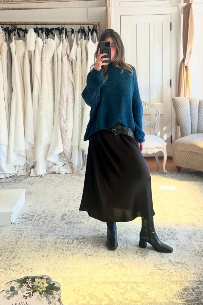 Teal Knit Sweater and Midi Skirt