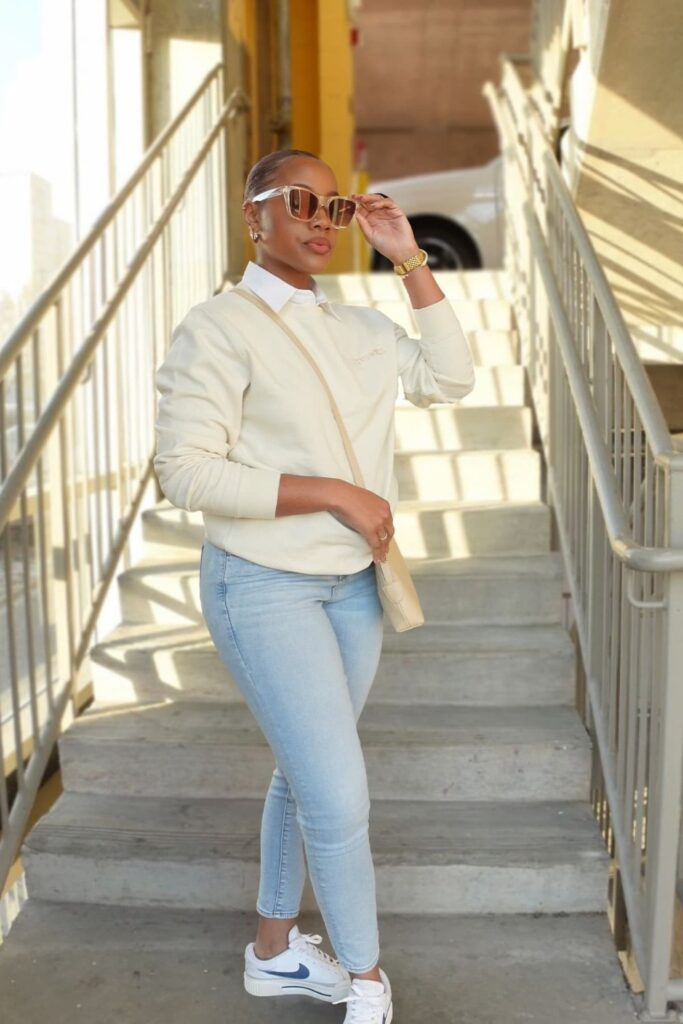 Cream Sweatshirt and Jeans