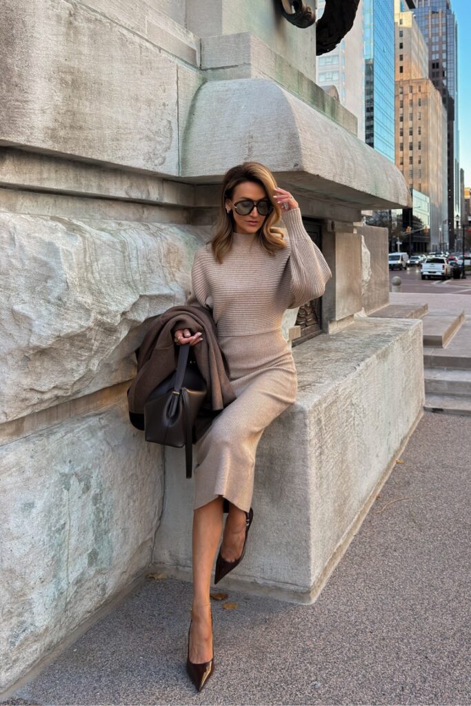 Beige Turtleneck and Pencil Skirt