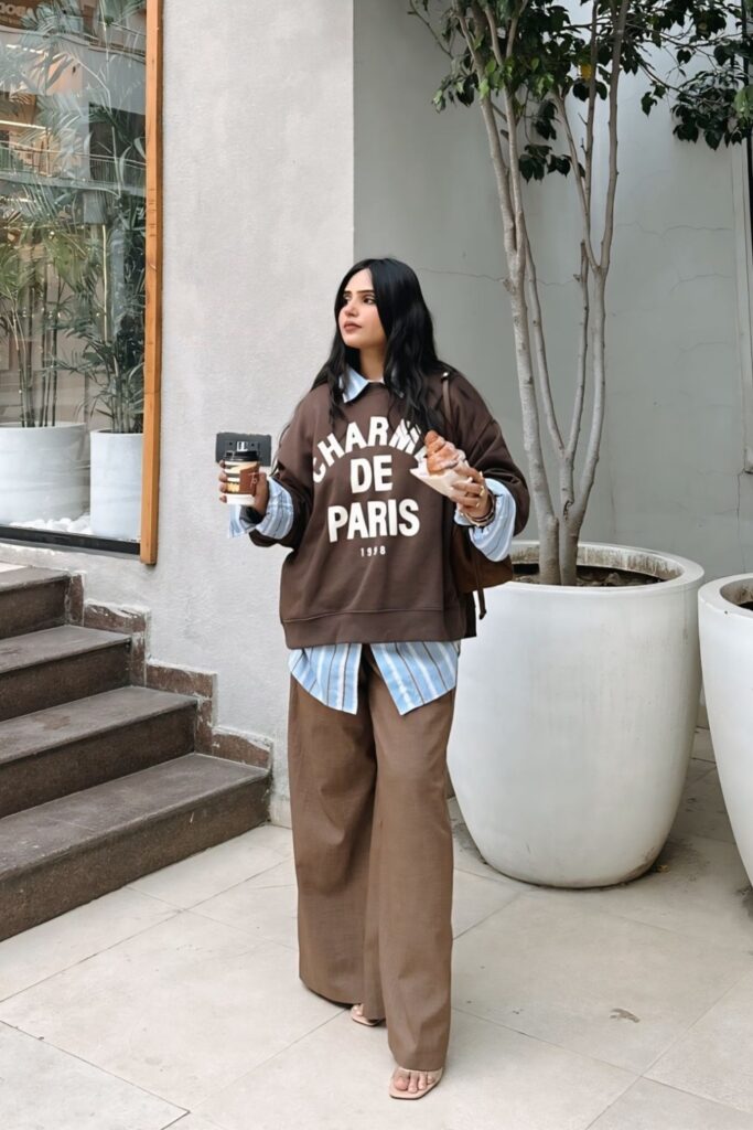 Brown Sweatshirt and Wide-Leg Pants