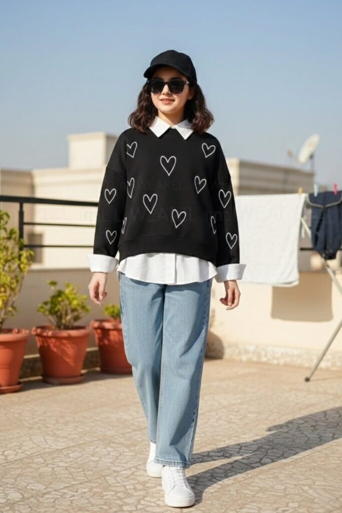 Black Oversized Sweatshirt and Wide-Leg Jeans