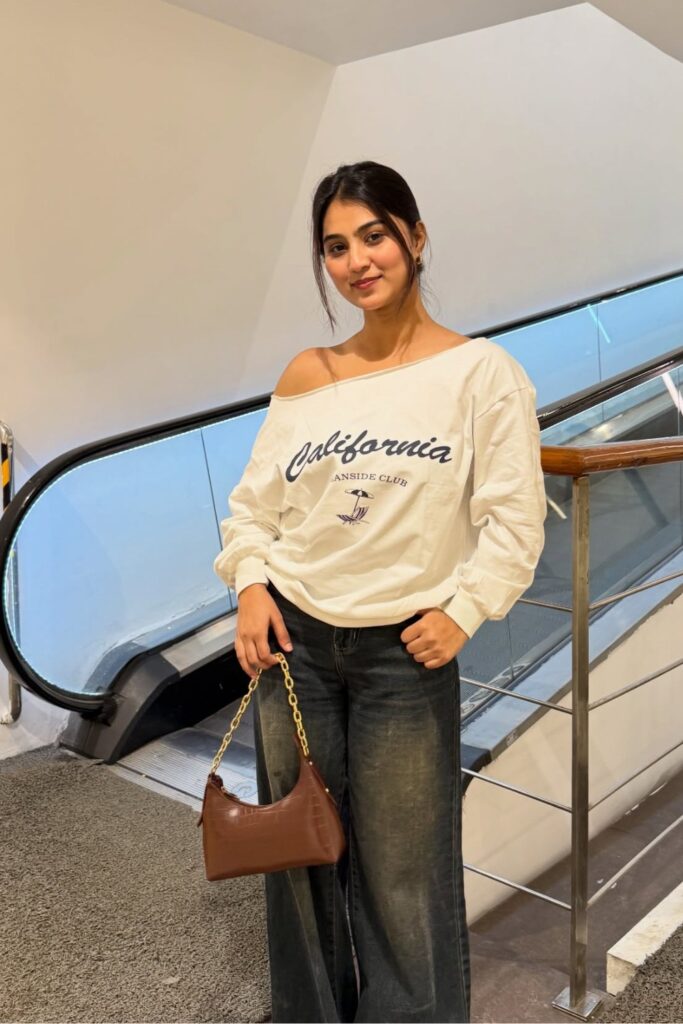 Off-White Graphic Sweatshirt and Wide-Leg Jeans