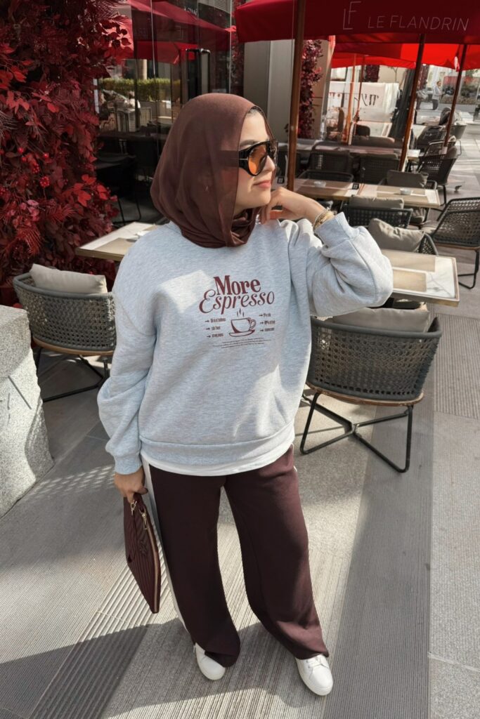 White Graphic Sweatshirt and Brown Pants