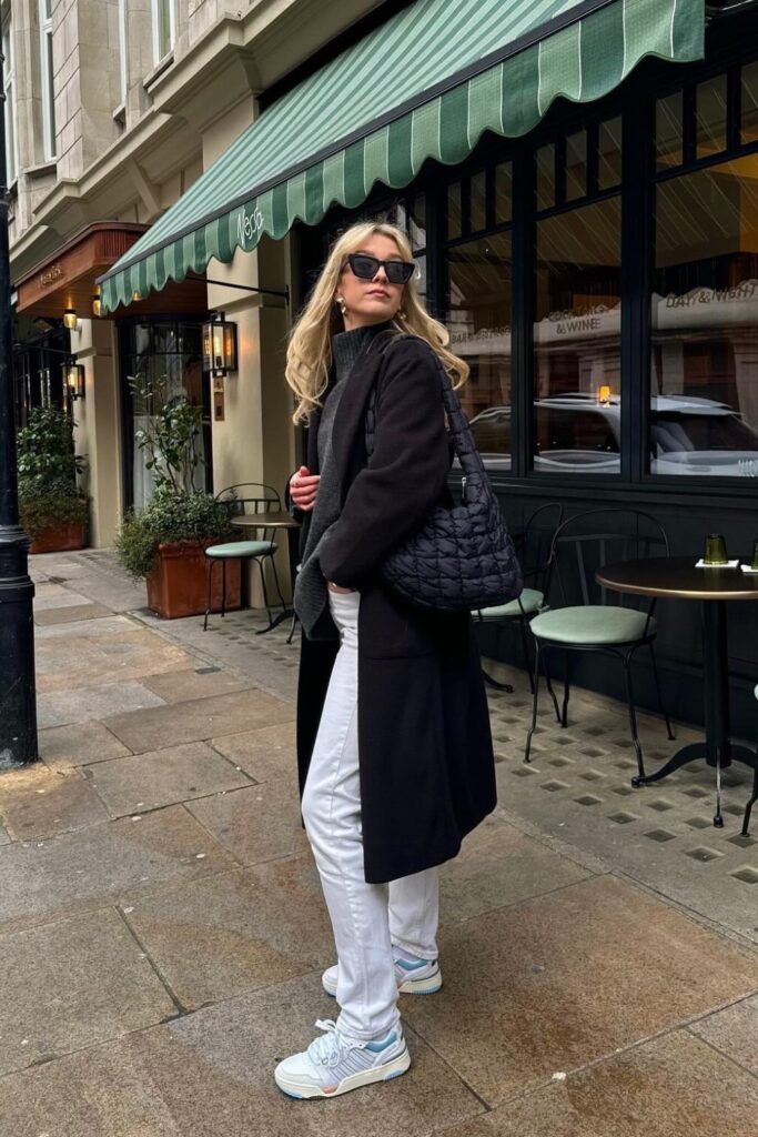 Black Oversized Wool Coat and Dark Gray Sweater