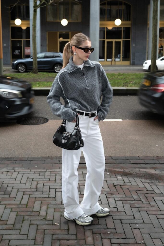 Gray Ribbed Half-Zip Pullover Sweater