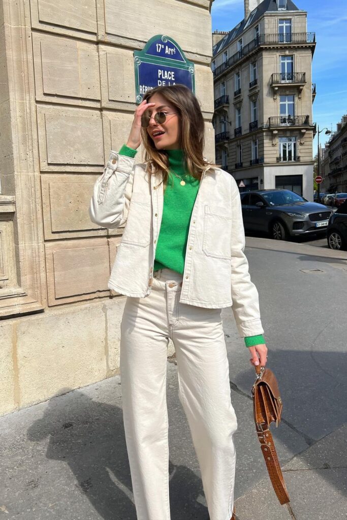 White Denim Oversized Jacket and Bright Turtleneck