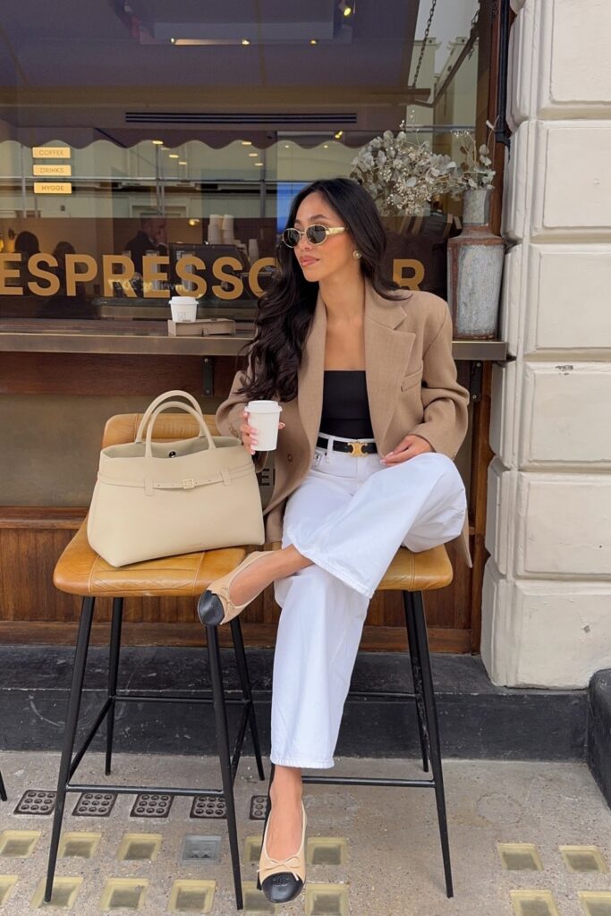 Camel Blazer and Black Tube Top