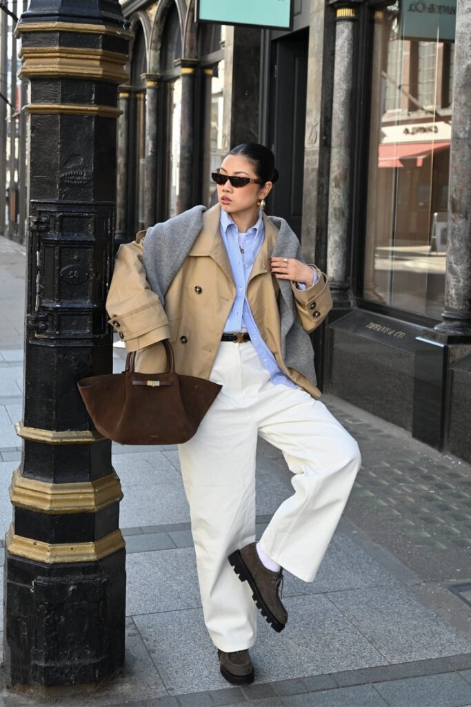 Beige Trench Coat and Light Blue Button-Down