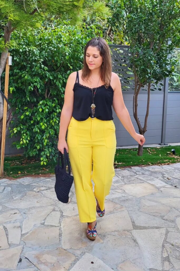 Black Lace Camisole and Yellow Wide-Leg Trousers