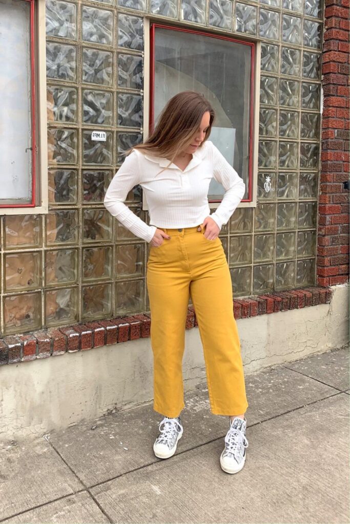 White Crop Top, Mustard Pants, and Sneakers