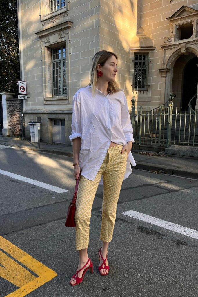 White Button-Up, Yellow Pants, and Red Heels