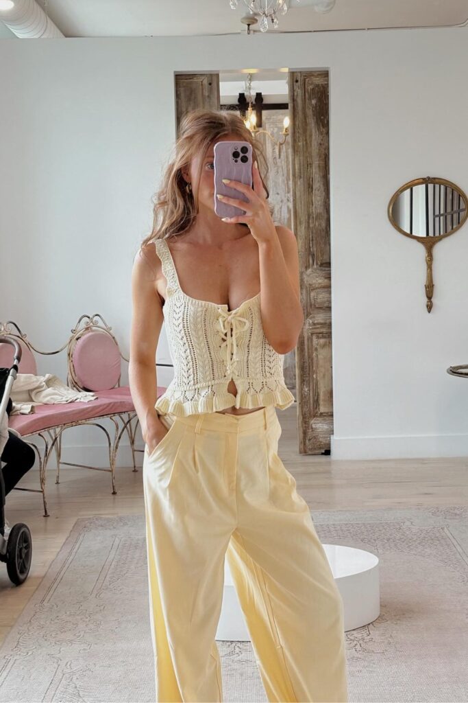 Cream Crochet Top and Yellow Trousers
