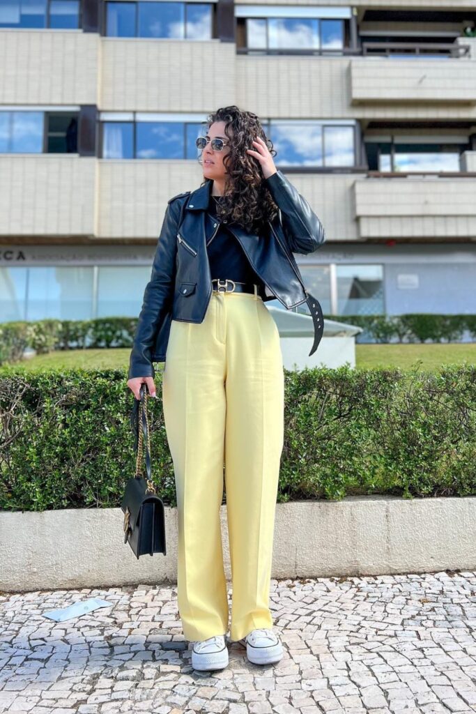 Black Moto Jacket and Yellow Trousers
