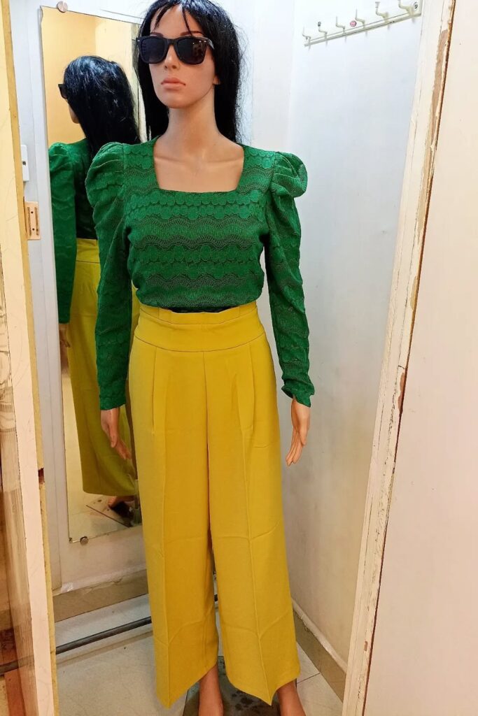 Emerald Green Top and Yellow Trousers