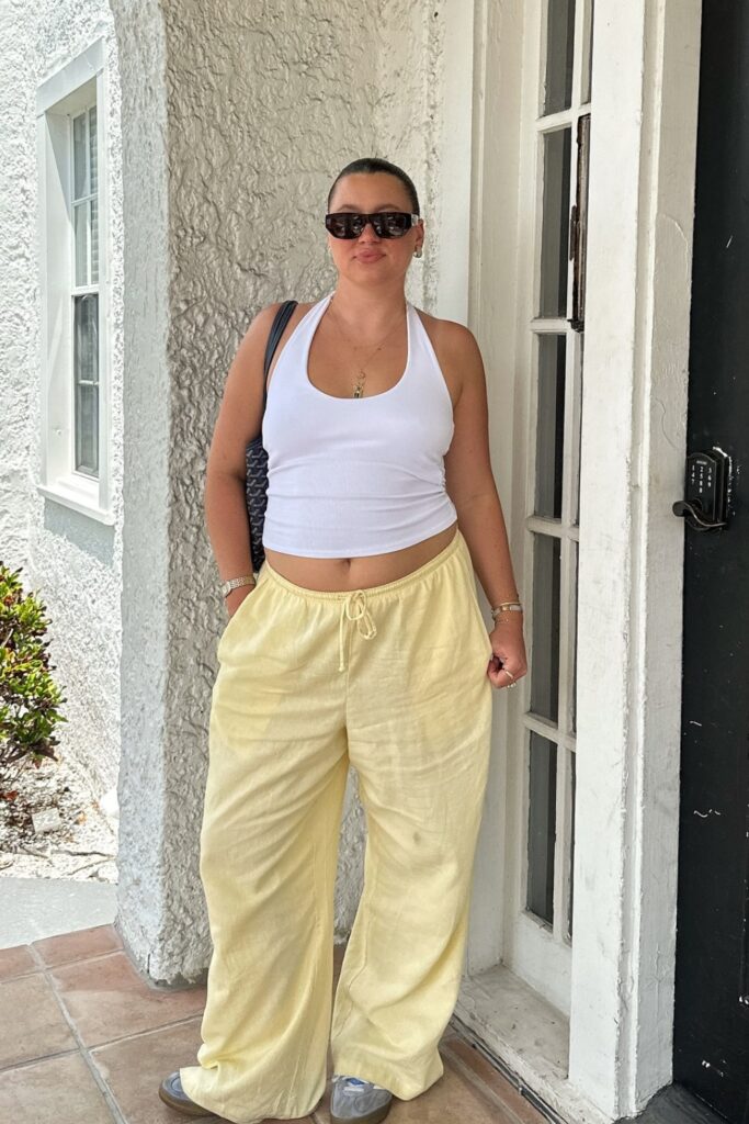 White Halter Top and Pale Yellow Pants