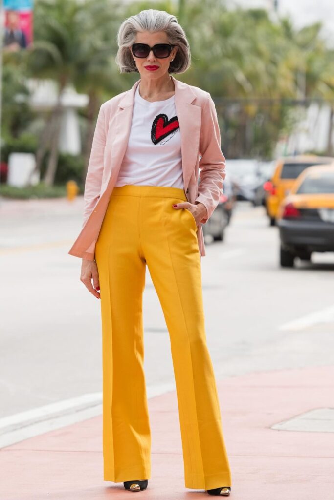Pink Blazer, White T-Shirt, and Yellow Pants