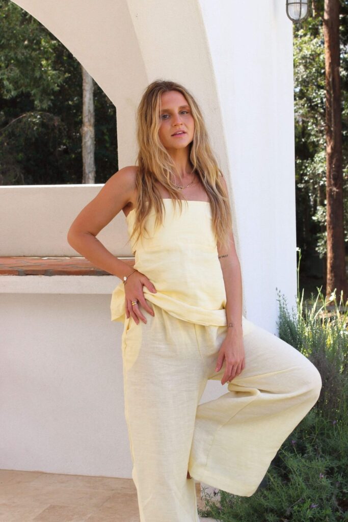 Yellow Strapless Top and Wide-Leg Pants