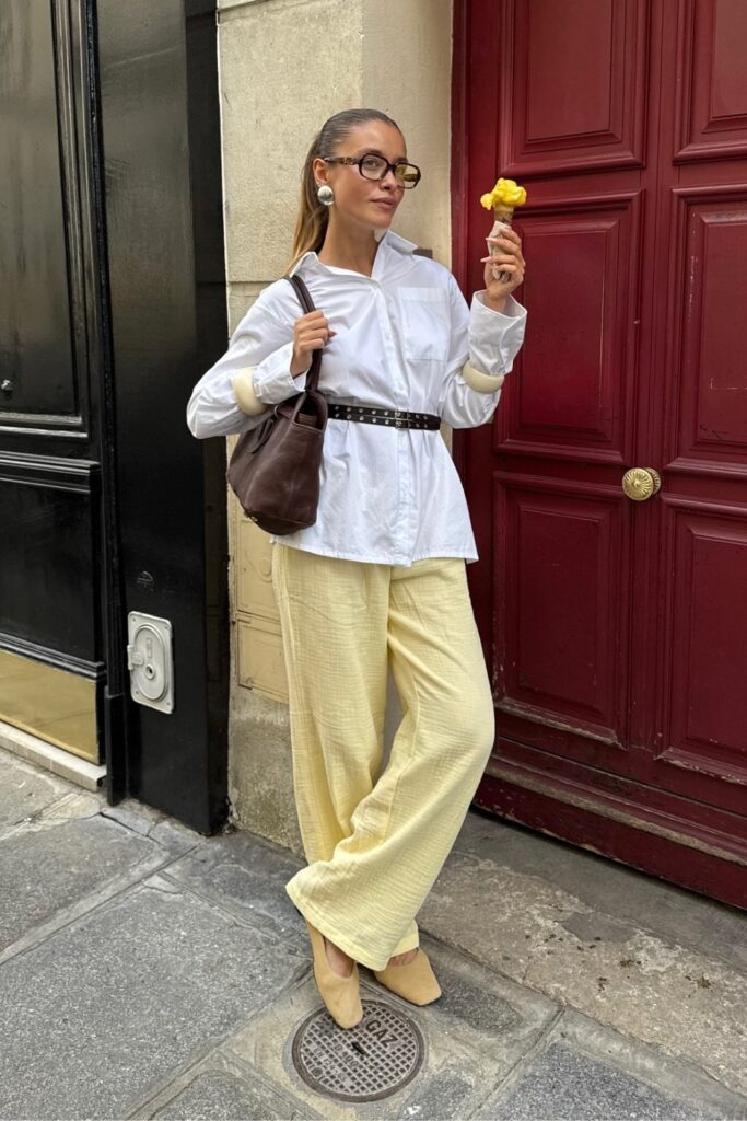 Oversized White Shirt and Yellow Wide-Leg Pants