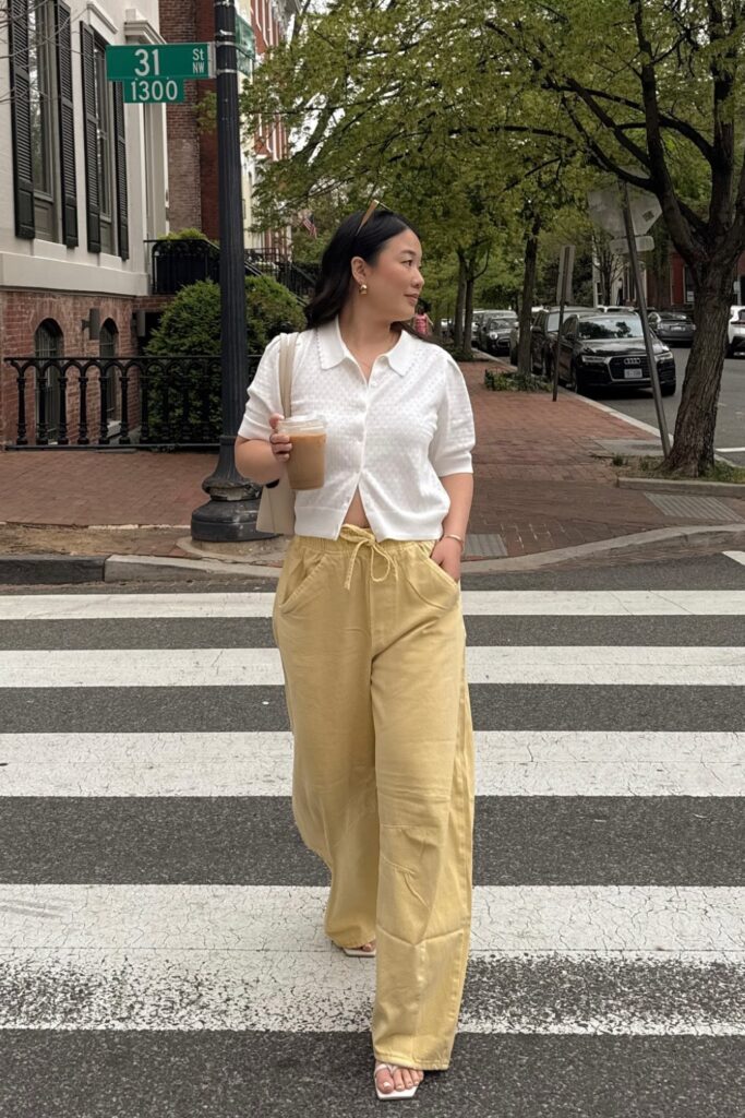 White Textured Shirt and Yellow Pants with Sandals
