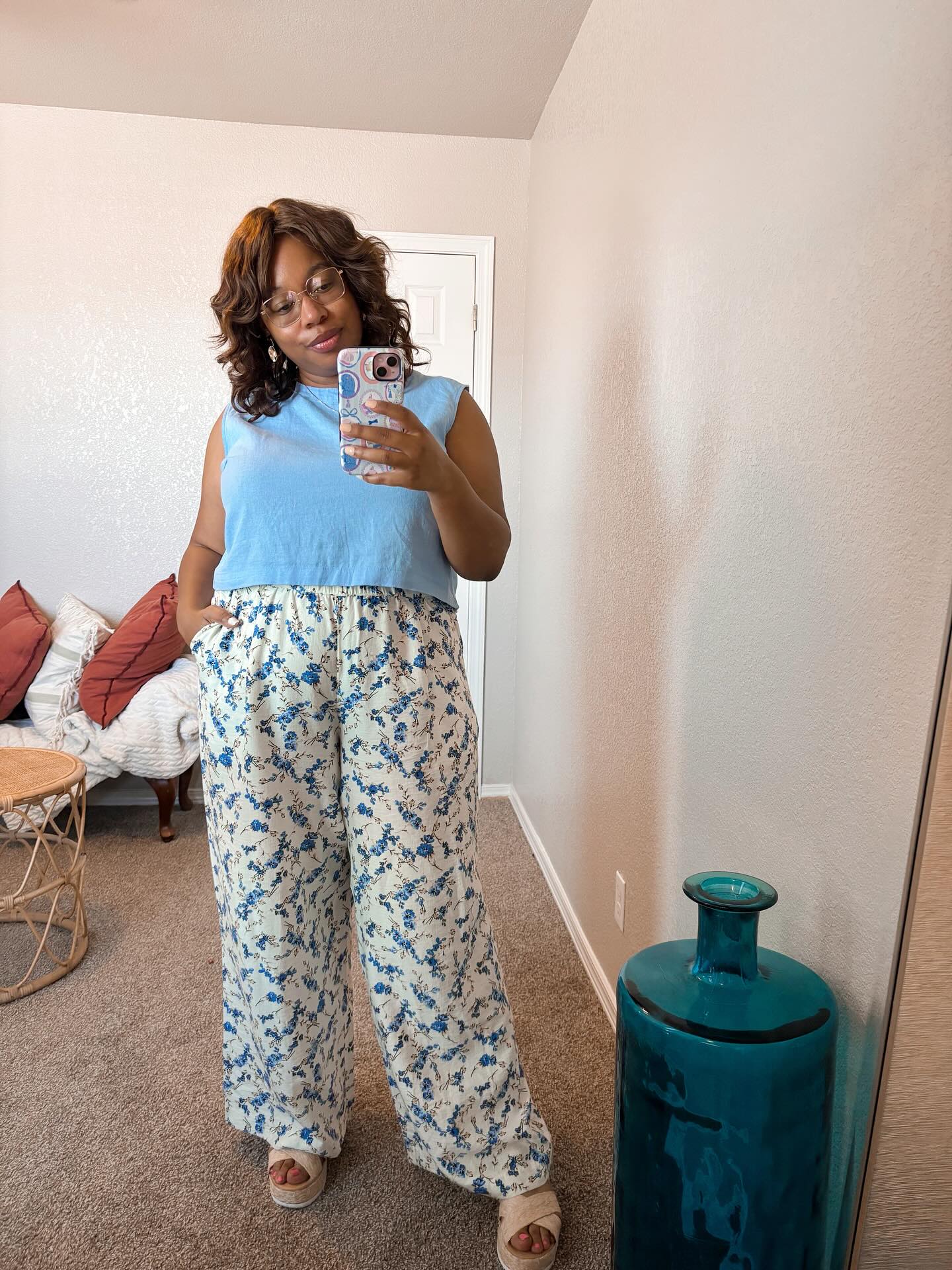 Sleeveless Crop Top and Floral Wide-Leg Pants