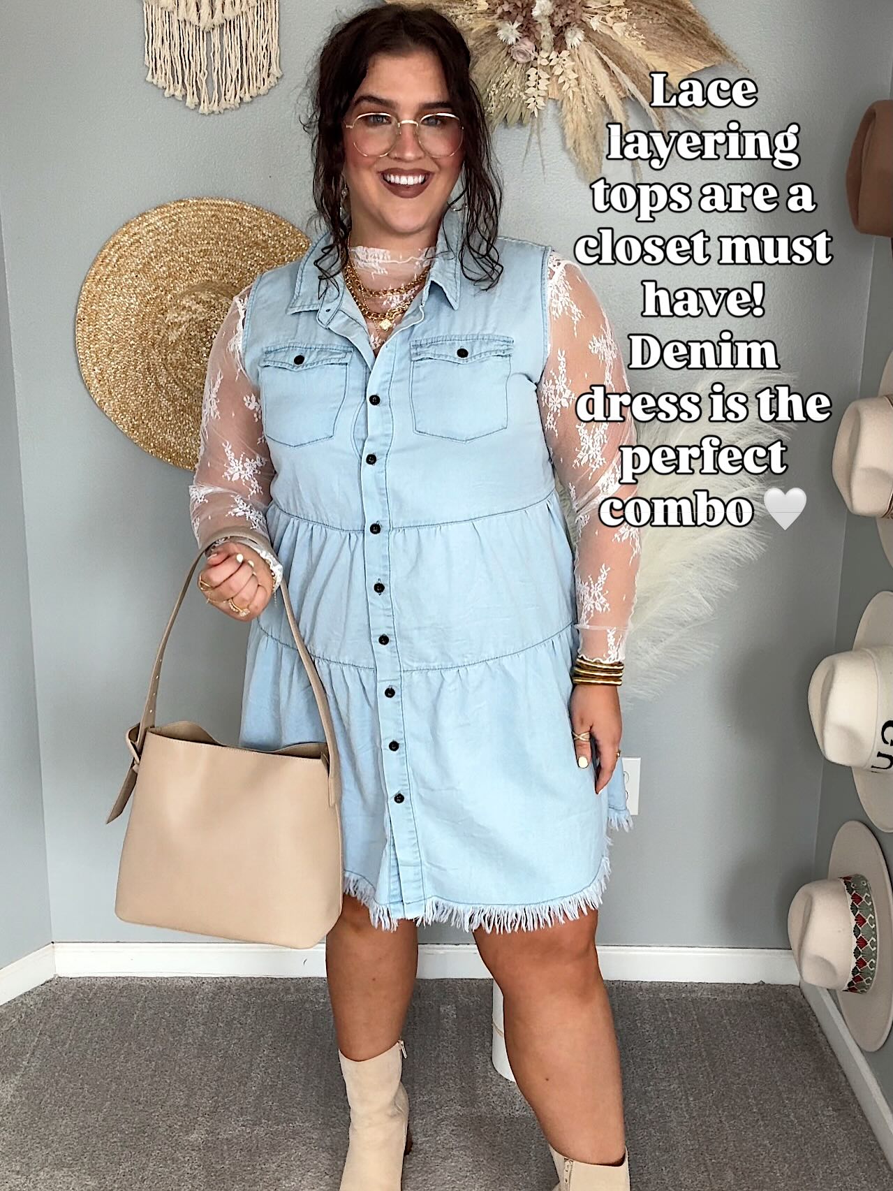Denim Dress with Lace Layering Top