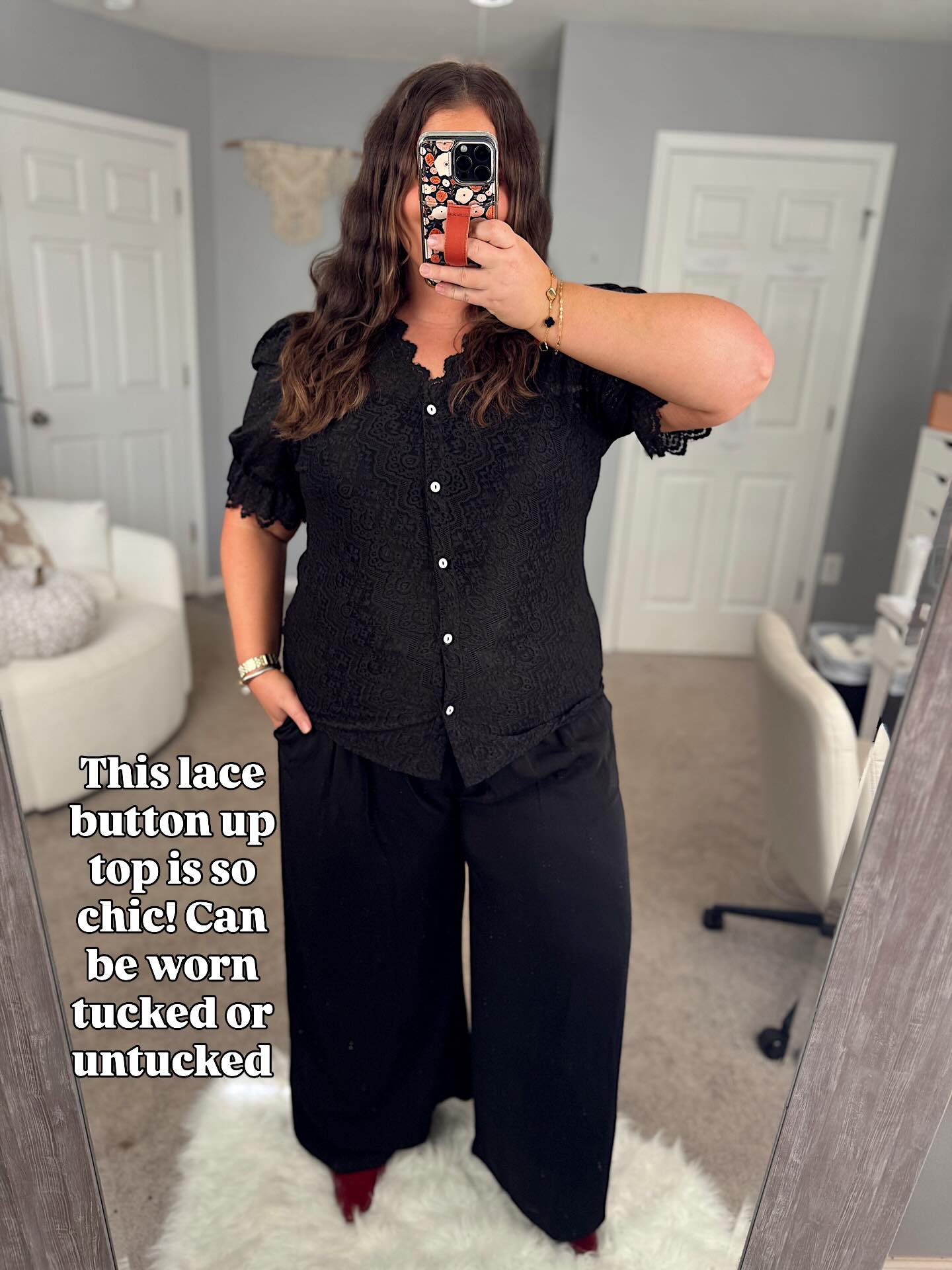 Black Lace and Wide-Leg Pants
