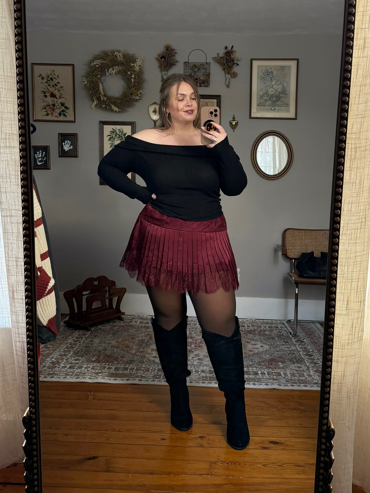 Off-Shoulder Long-Sleeve Top and Pleated Mini Skirt