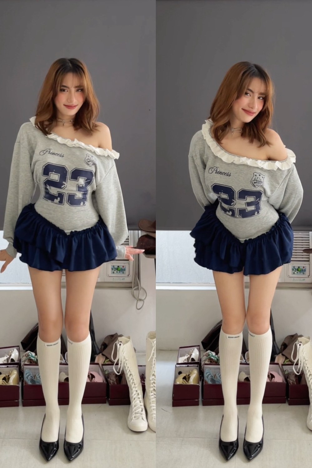 Off-Shoulder Sweatshirt and Pleated Skirt