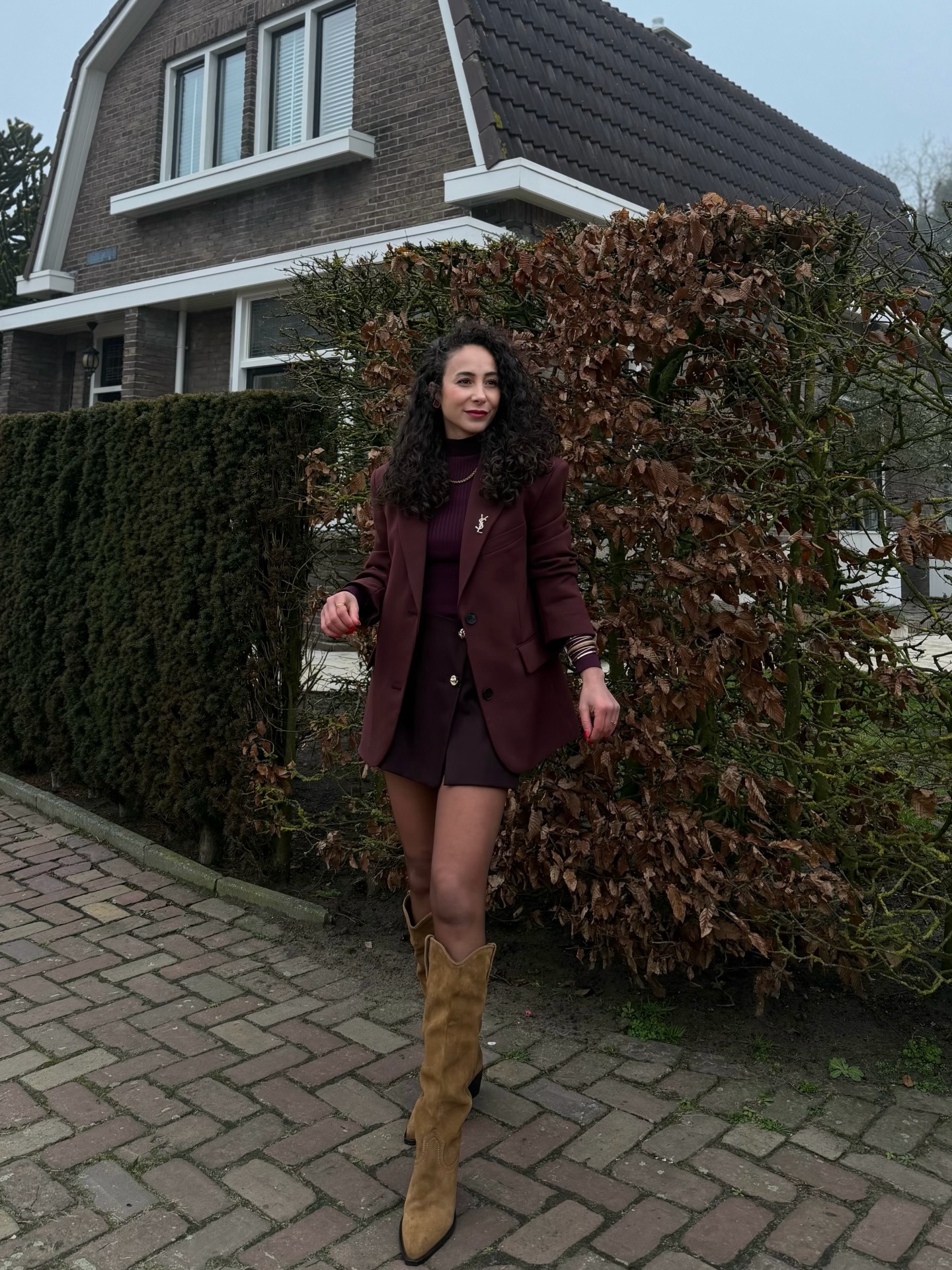 Burgundy Oversized Blazer and Knee-High Boots