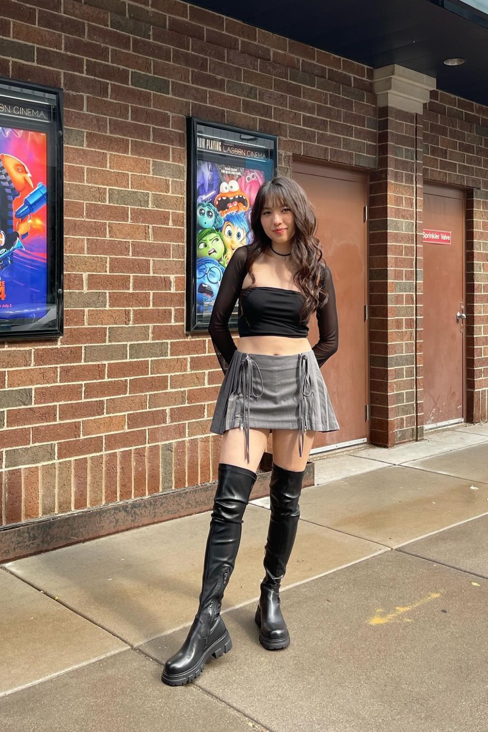 Black Mesh Top and Gray Mini Skirt