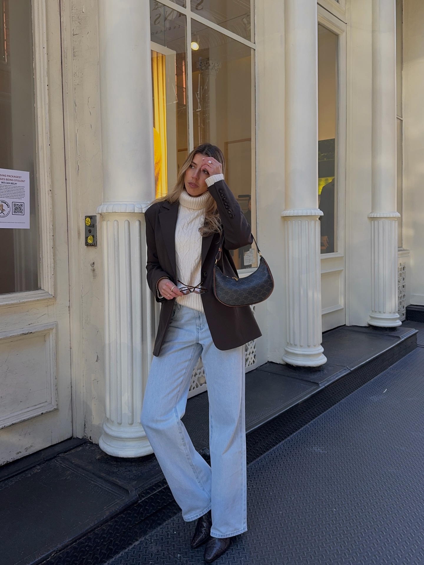 Brown Blazer and Wide-Leg Jeans