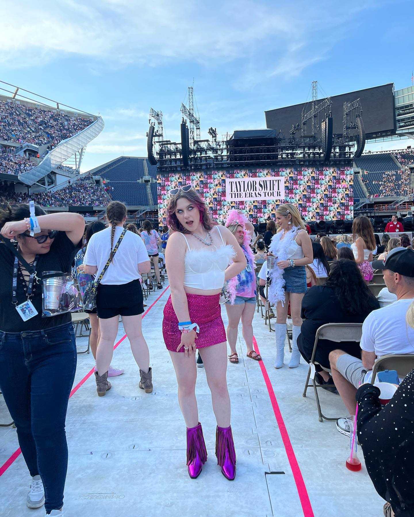 White Bustier Top and Pink Sequin Skirt