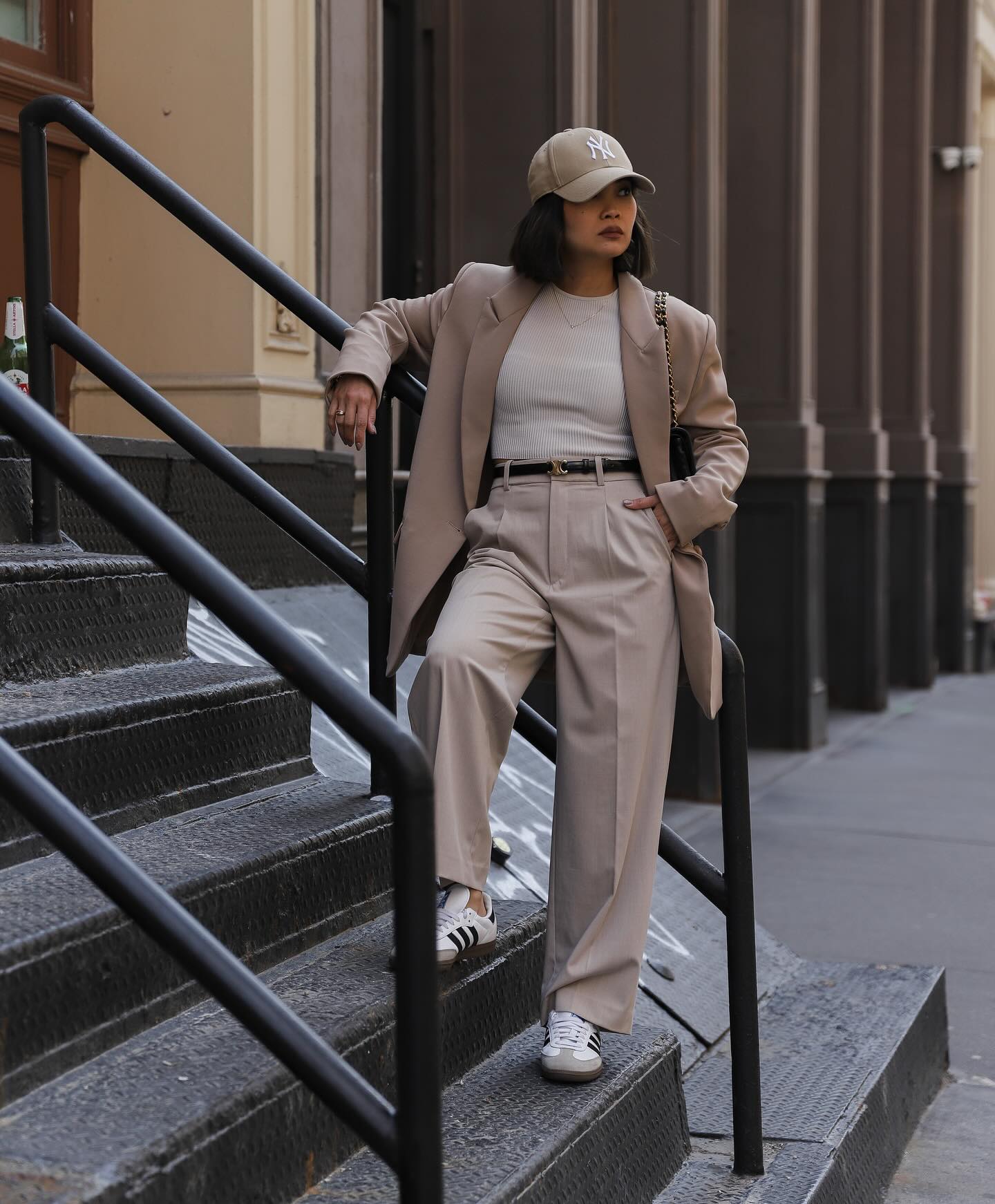 Beige Longline Blazer and Wide-Leg Trousers