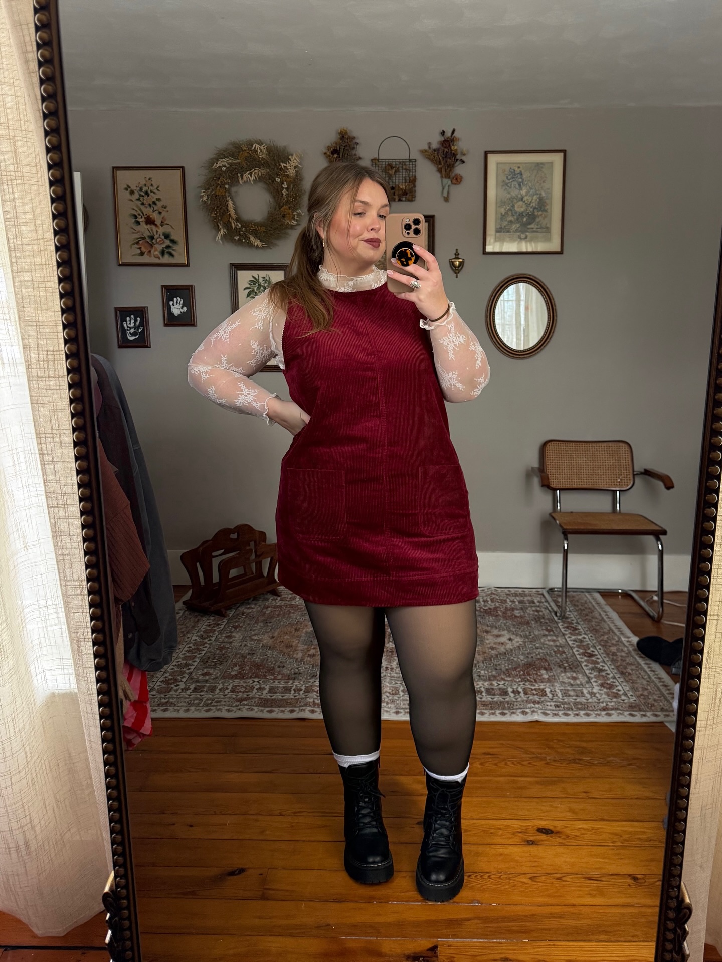 Burgundy Corduroy Pinafore Dress and Sheer White Blouse