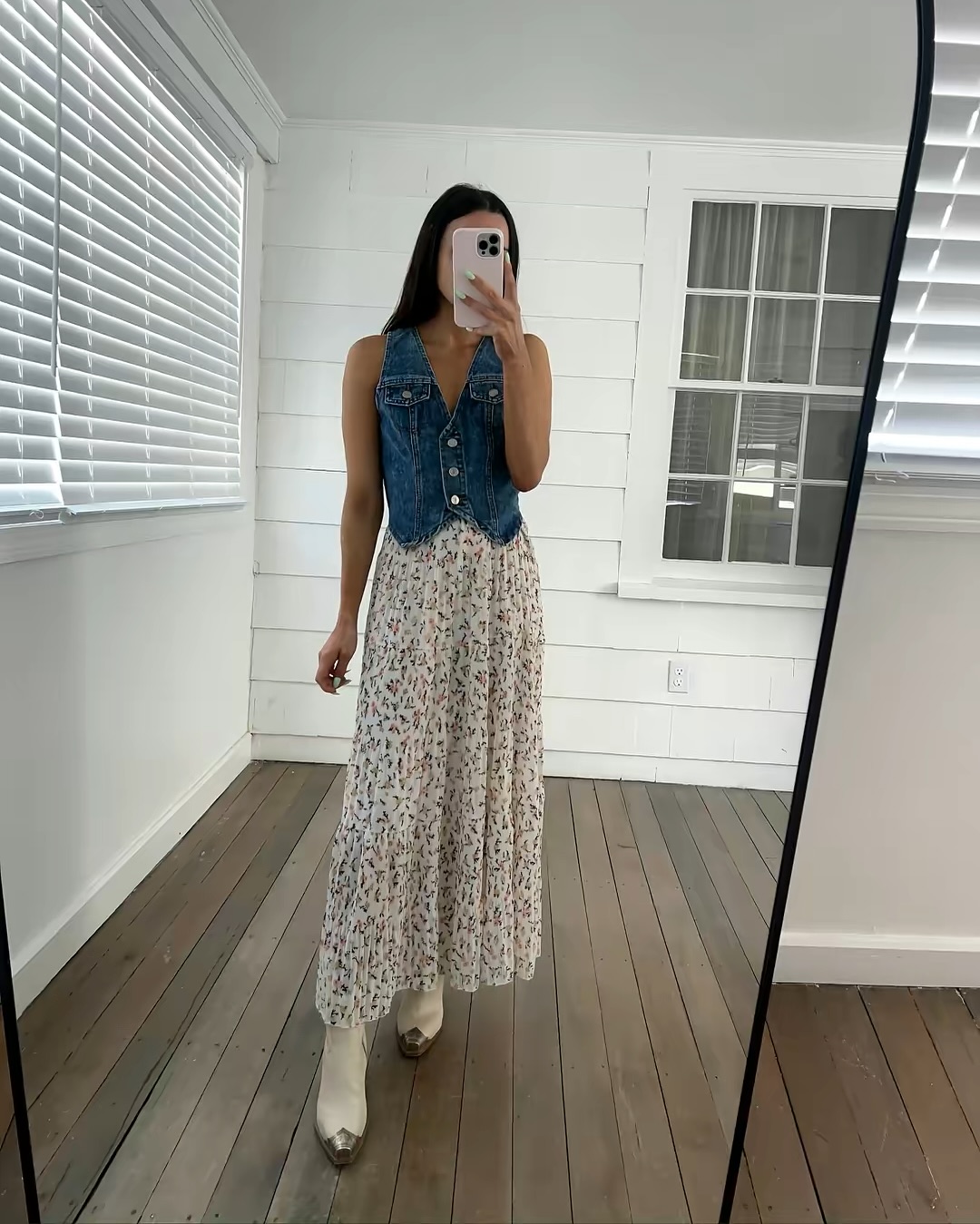 Denim Vest and Floral Maxi Skirt