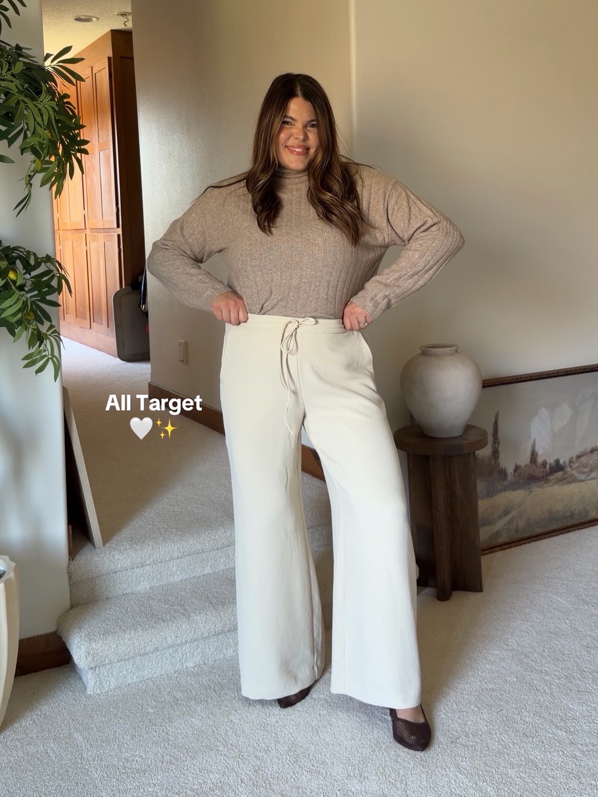 Beige Turtleneck Sweater and Cream Pants