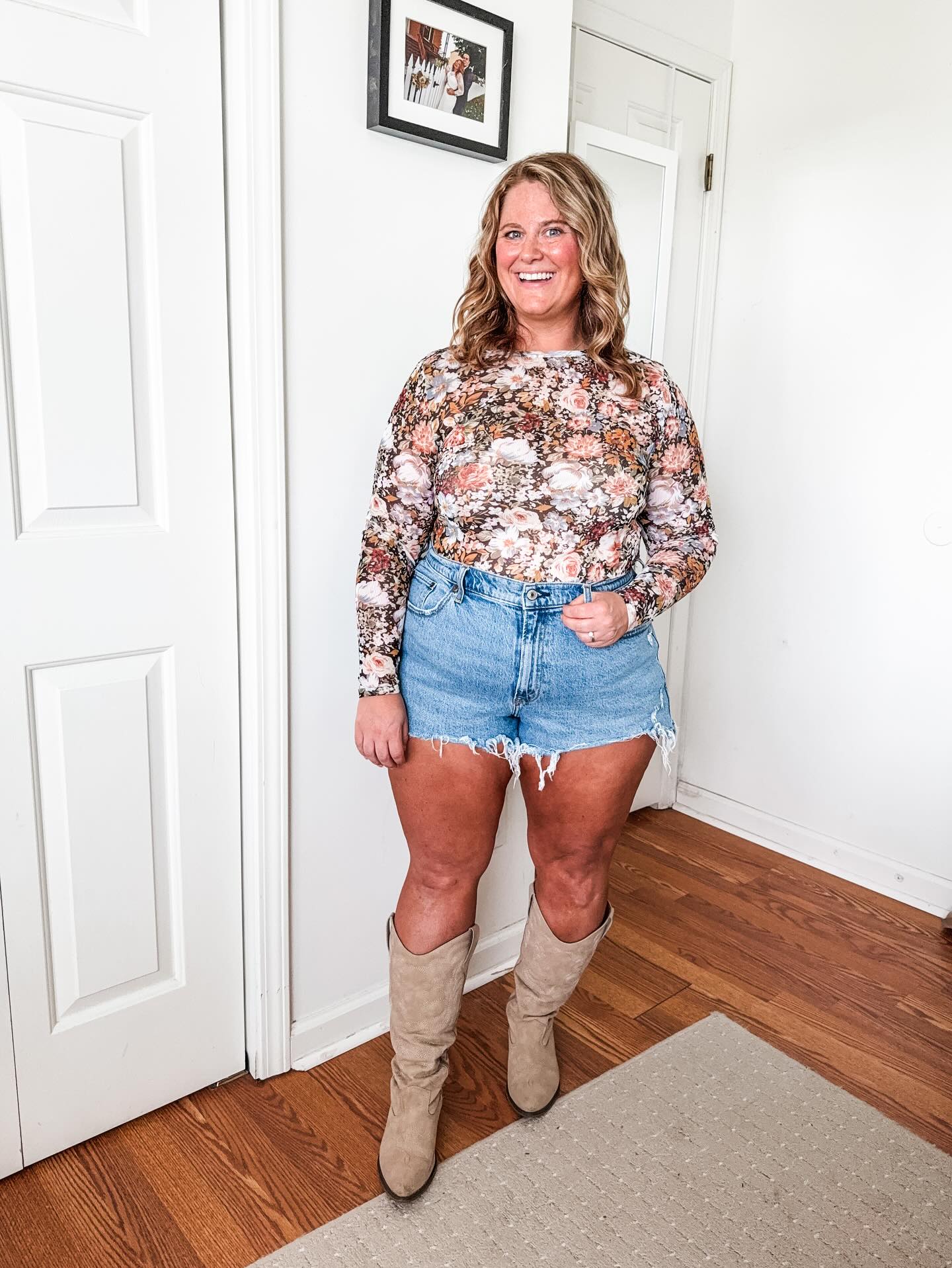 Floral Long Sleeve Top and Denim Shorts