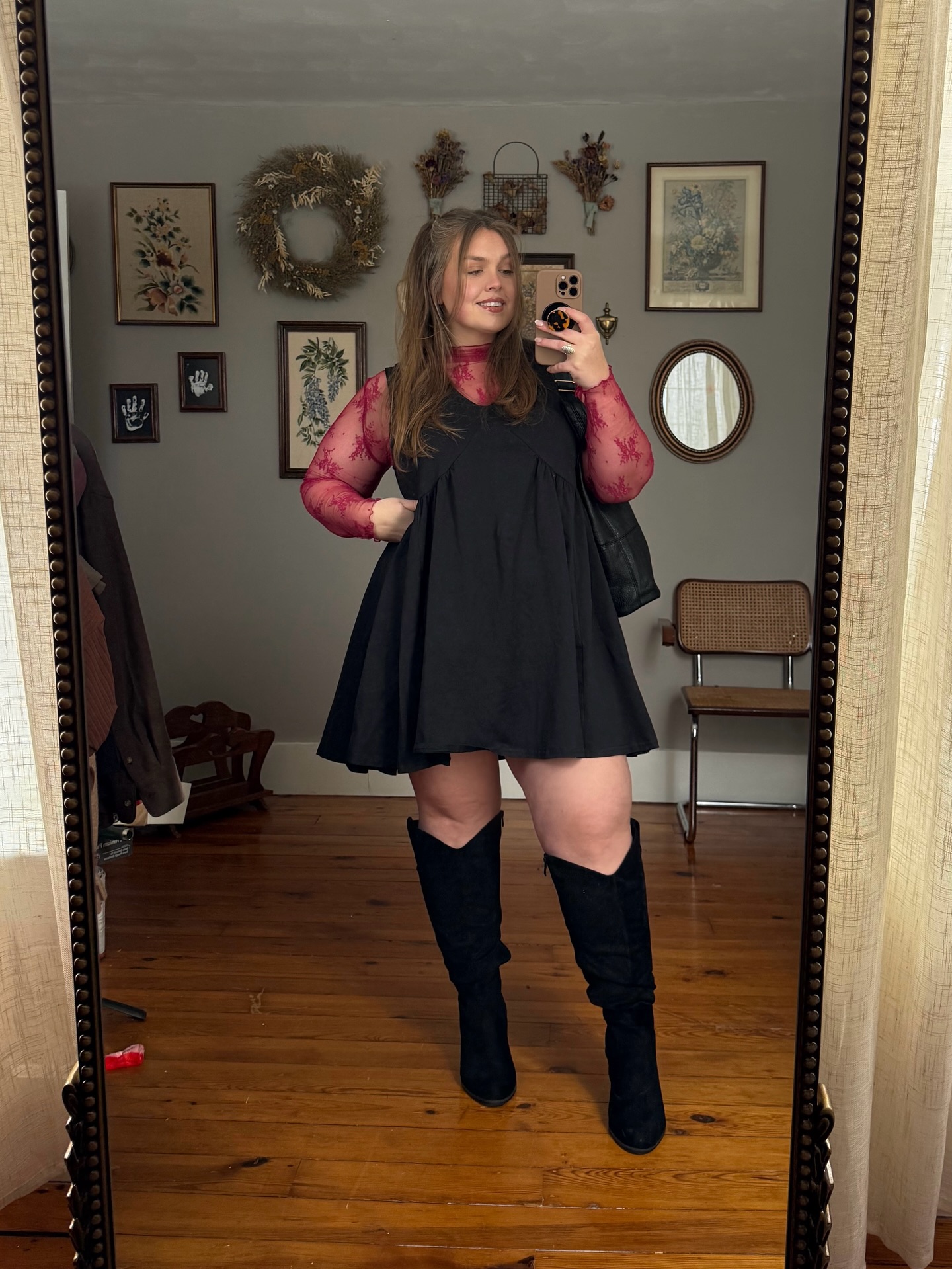 Black Pinafore Dress and Red Sheer Mesh Top